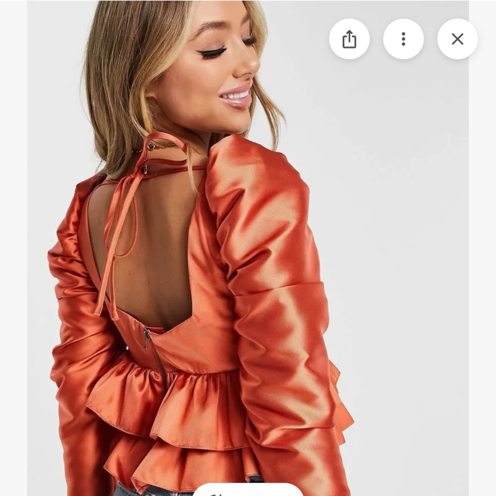 Asos Luxe Satin Babydoll Blouse Ruffle Blouson Sleeve Cinnamon Long Size 6 NWT - Picture 3 of 12